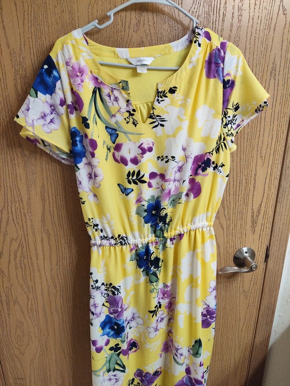 Floral Yellow Short-Sleeve Dress with Elastic Waist